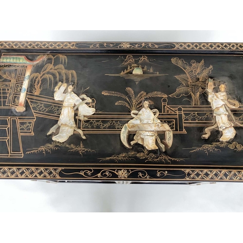 189 - CHINESE CABINET, 82cm H x 91cm W x 41cm D, black lacquered, mother of pearl and silvered metal mount... 