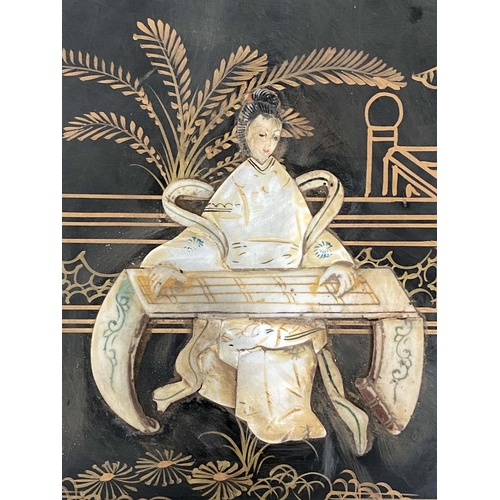 189 - CHINESE CABINET, 82cm H x 91cm W x 41cm D, black lacquered, mother of pearl and silvered metal mount... 