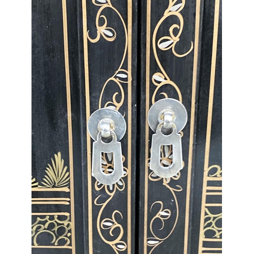 189 - CHINESE CABINET, 82cm H x 91cm W x 41cm D, black lacquered, mother of pearl and silvered metal mount... 