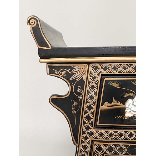 189 - CHINESE CABINET, 82cm H x 91cm W x 41cm D, black lacquered, mother of pearl and silvered metal mount... 