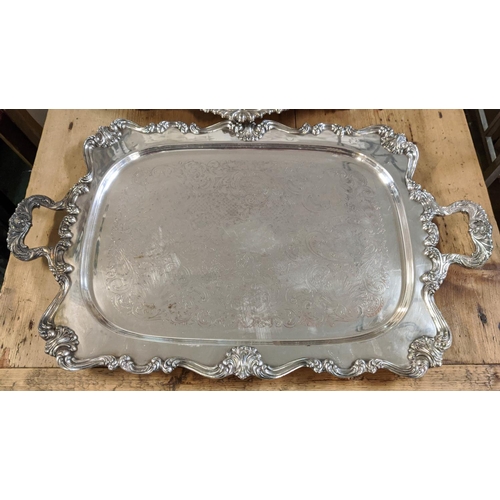 19 - AN EARLY 19TH CENTURY OLD SHEFFIELD PLATE SERVING TRAY, rectangular form, a Victorian EPNS serving t... 