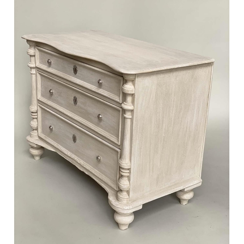 191 - COMMODE, 19th century French traditionally grey painted with three long drawers and columns, 105cm W... 