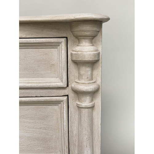 191 - COMMODE, 19th century French traditionally grey painted with three long drawers and columns, 105cm W... 