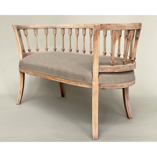 192 - HALL SEAT, early 20th century beechwood framed with arrow railed enclosing back and spring upholster... 