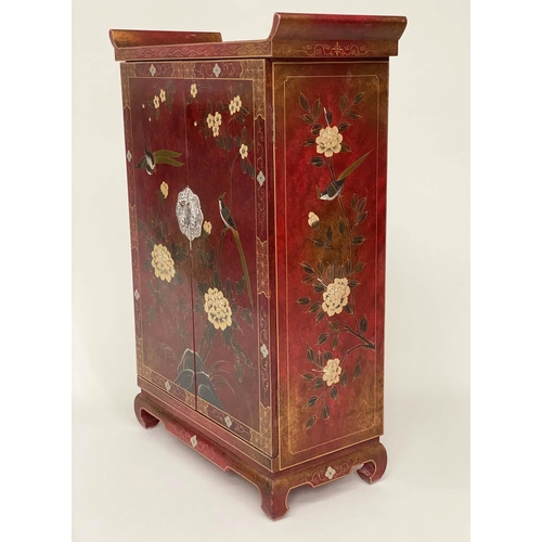 194 - CHINESE CABINET, scarlet lacquered and silvered metal mounted with gilt Chinoiserie decoration and t... 