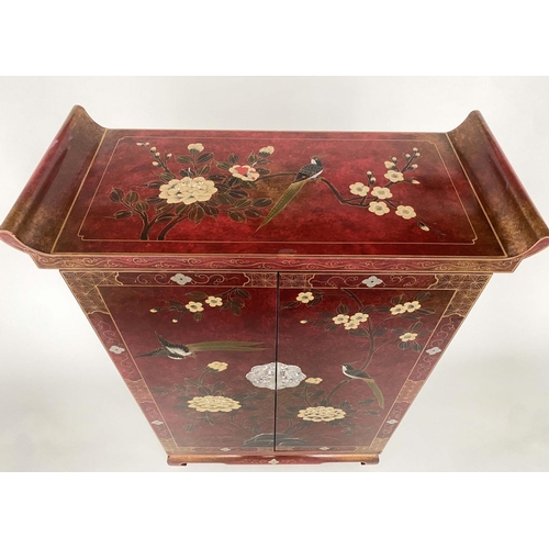 194 - CHINESE CABINET, scarlet lacquered and silvered metal mounted with gilt Chinoiserie decoration and t... 