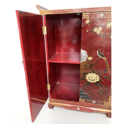 194 - CHINESE CABINET, scarlet lacquered and silvered metal mounted with gilt Chinoiserie decoration and t... 