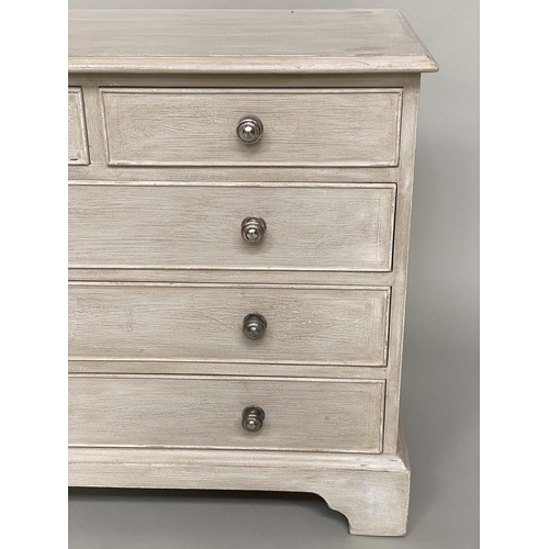 195 - LOW CHEST, George III style grey painted with nine drawers, 153cm x 44cm x 67cm H.