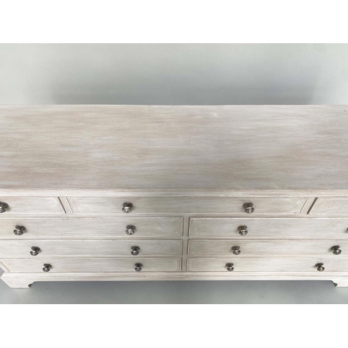 195 - LOW CHEST, George III style grey painted with nine drawers, 153cm x 44cm x 67cm H.