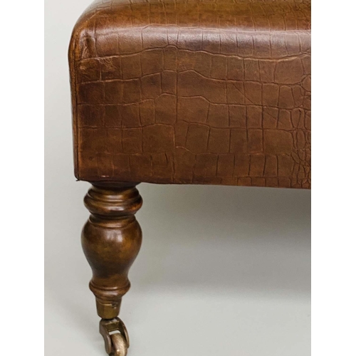 197 - HEARTH STOOL, rectangular country house style grained mid brown leather on turned tapering supports,... 