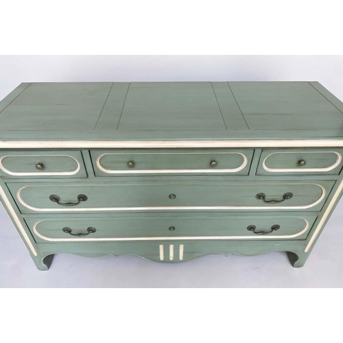 203 - COMMODE BY GRANGE, Provincial Directoire design and moss green painted with three short and two long... 