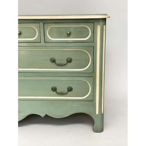 203 - COMMODE BY GRANGE, Provincial Directoire design and moss green painted with three short and two long... 