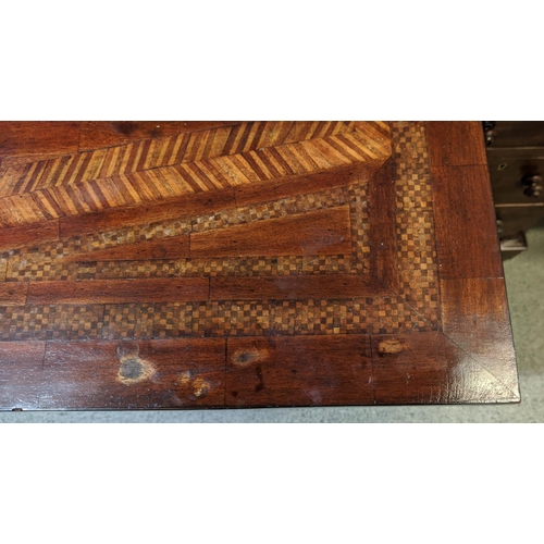 215 - CONSOLE TABLE, 138cm W x 73cm H x 47cm D, mahogany with inlaid detail and a carved frieze with drawe... 