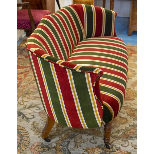 245 - SOFA, 74cm H x 151cm W, 19th century in red and green striped velvet on ceramic castors.