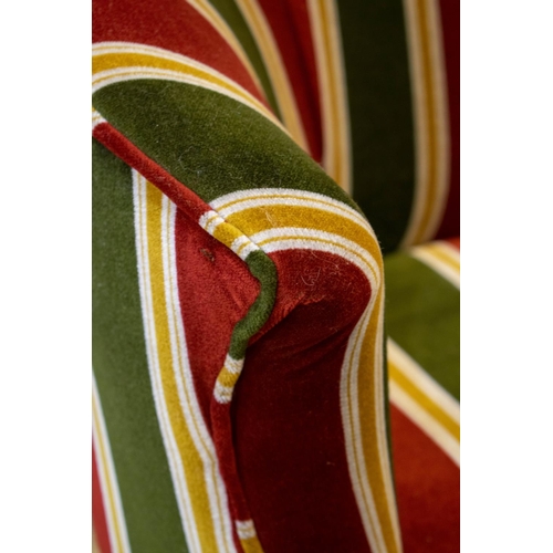 245 - SOFA, 74cm H x 151cm W, 19th century in red and green striped velvet on ceramic castors.