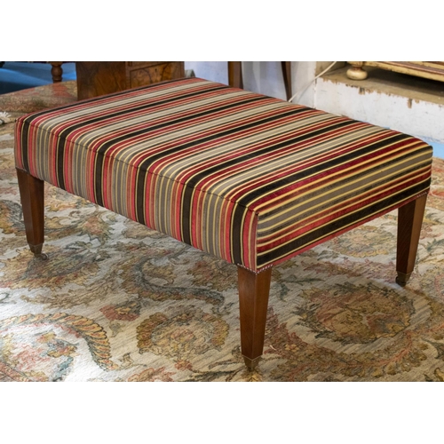 246 - HEARTH STOOL, 50cm H x 100cm W x 74cm D, rectangular in striped velvet on castors.