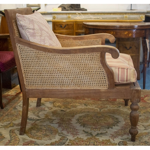 247 - BERGERE, 97cm H x 74cm W x 90cm D, Colonial style teak and caned with striped squab and loose Bennis... 