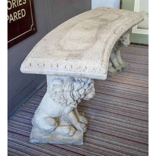 249 - GARDEN SEAT, 53cm H x 115cm W x 40cm D, reconstituted stone with concave seat on lion supports.