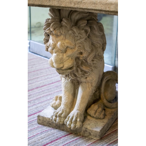 249 - GARDEN SEAT, 53cm H x 115cm W x 40cm D, reconstituted stone with concave seat on lion supports.