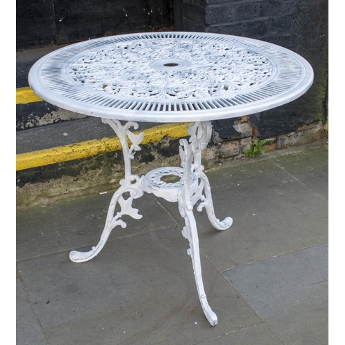 251 - GARDEN TABLE, 69cm H x 80cm D, white painted aluminium with circular top and a set of four chairs. (... 