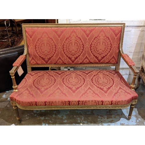 259 - CANAPE, 133cm W x 99cm H, circa 1900, red damask with gilt showframe.