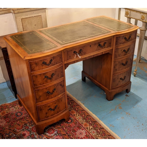 263 - PEDESTAL DESK, 106cm W x 80cm H x 59cm D, with three green leather tooled writing surfaces, yew wood... 