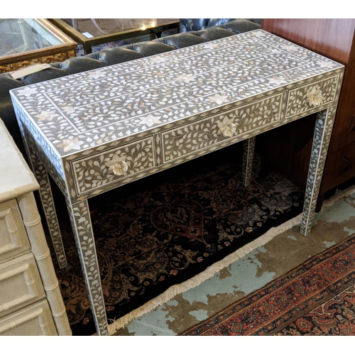 270 - CONSOLE TABLE, 100cm W x 45cm D x 78cm H, mother of pearl with three frieze drawers.