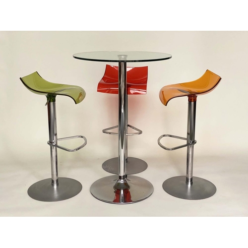 286 - BISTRO SET, chrome pedestal table with circular glass top with three adjustable stools with coloured... 