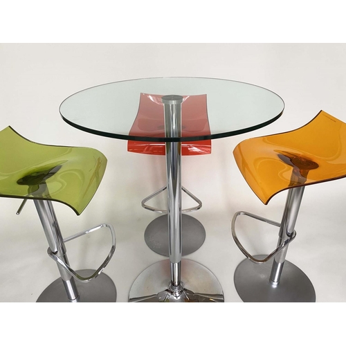 286 - BISTRO SET, chrome pedestal table with circular glass top with three adjustable stools with coloured... 
