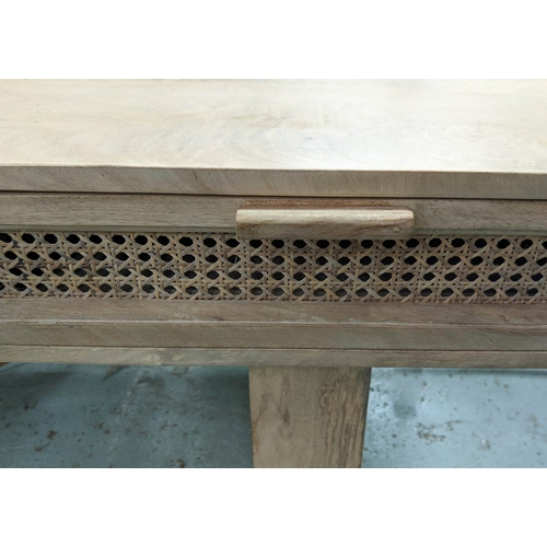 347 - DESK, 161cm x 60cm x 77cm, 1960s Danish style, three drawers with rattan fronts.