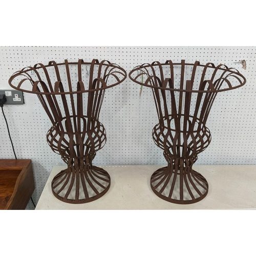 352 - PLANTERS, a pair, oxidised metal, each 50cm W x 60cm H. (2)