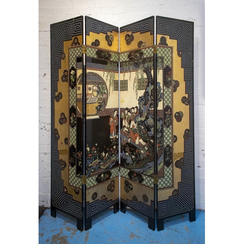 376 - SCREEN, Chinese black lacquer, polychrome and gilded of four panels, each leaf 183cm H x 40cm W.