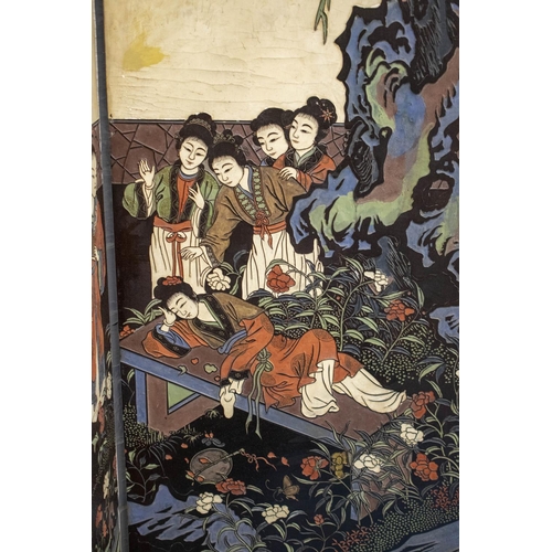 376 - SCREEN, Chinese black lacquer, polychrome and gilded of four panels, each leaf 183cm H x 40cm W.