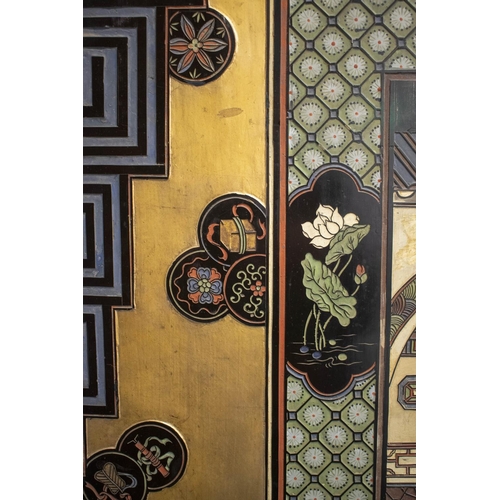 376 - SCREEN, Chinese black lacquer, polychrome and gilded of four panels, each leaf 183cm H x 40cm W.