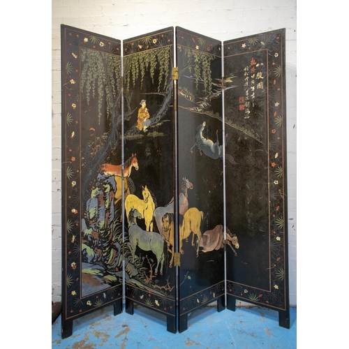 376 - SCREEN, Chinese black lacquer, polychrome and gilded of four panels, each leaf 183cm H x 40cm W.