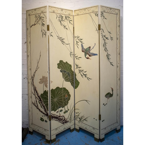 377 - SCREEN, Chinese cream lacquer and polychrome of four panels, each leaf 183cm H x 40cm W.