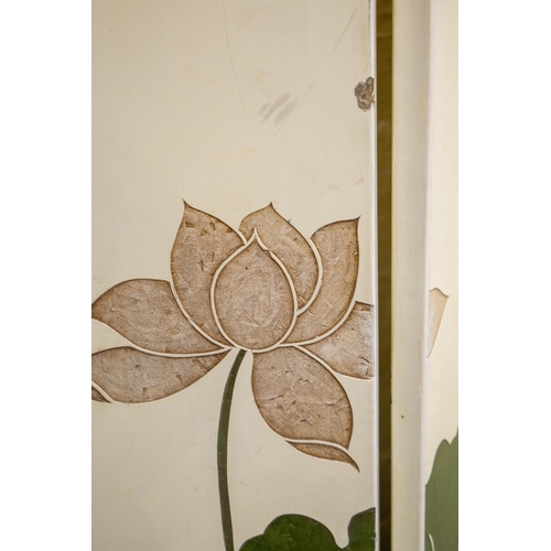 377 - SCREEN, Chinese cream lacquer and polychrome of four panels, each leaf 183cm H x 40cm W.