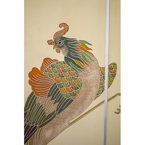 377 - SCREEN, Chinese cream lacquer and polychrome of four panels, each leaf 183cm H x 40cm W.