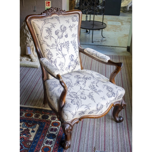 379 - ARMCHAIR, 91cm H x 63cm W, Victorian rosewood, circa 1860, in cream foliate upholstery.