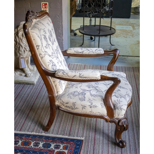 379 - ARMCHAIR, 91cm H x 63cm W, Victorian rosewood, circa 1860, in cream foliate upholstery.