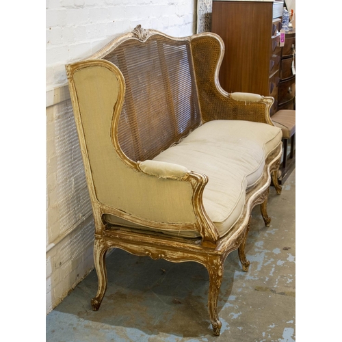 380 - CANAPE, 121cm H x 200cm W x 71cm D, Louis XV style with distress finished frame, caned back and squa... 