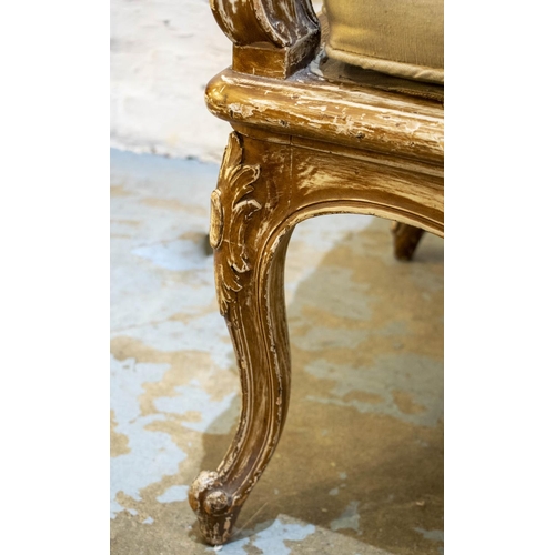 380 - CANAPE, 121cm H x 200cm W x 71cm D, Louis XV style with distress finished frame, caned back and squa... 