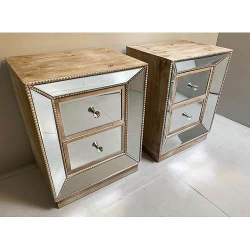 382 - BEDSIDE CHESTS, a pair, 48cm x 36cm x 62cm, each with two drawers, mirrored detail, natural wood top... 