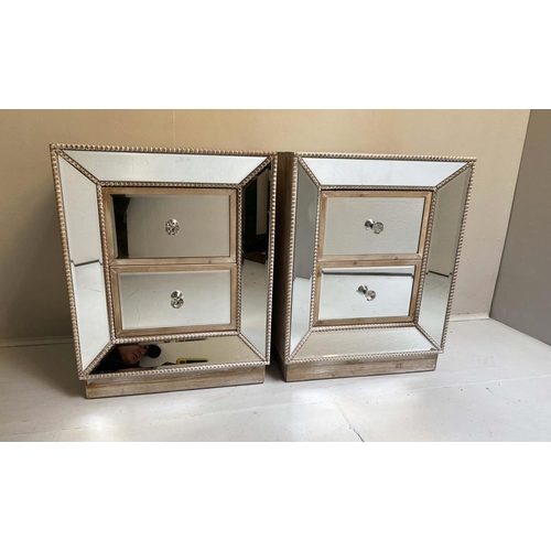 382 - BEDSIDE CHESTS, a pair, 48cm x 36cm x 62cm, each with two drawers, mirrored detail, natural wood top... 