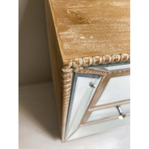 382 - BEDSIDE CHESTS, a pair, 48cm x 36cm x 62cm, each with two drawers, mirrored detail, natural wood top... 