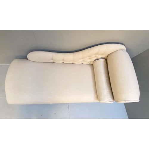 384 - CHAISE LONGUE, Victorian style neutral linen upholstery, turned supports, 72cm x 135cm x 54cm D.