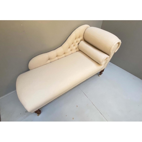 384 - CHAISE LONGUE, Victorian style neutral linen upholstery, turned supports, 72cm x 135cm x 54cm D.