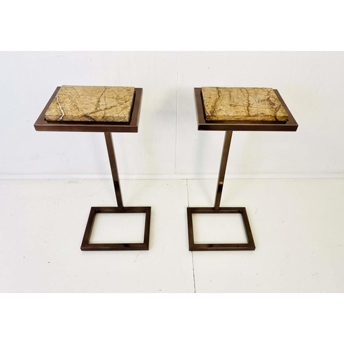 385 - MARTINI TABLES, a pair, 60cm x 26cm x 21cm, marble inset tops, bronzed metal bases. (2)