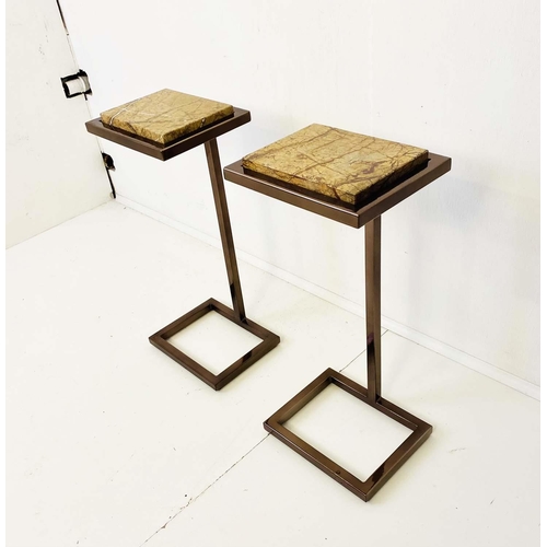 385 - MARTINI TABLES, a pair, 60cm x 26cm x 21cm, marble inset tops, bronzed metal bases. (2)