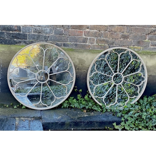 386 - ARCHITECTURAL GARDEN MIRRORS, pair, 80cm diameter, Regency style wall. (2)